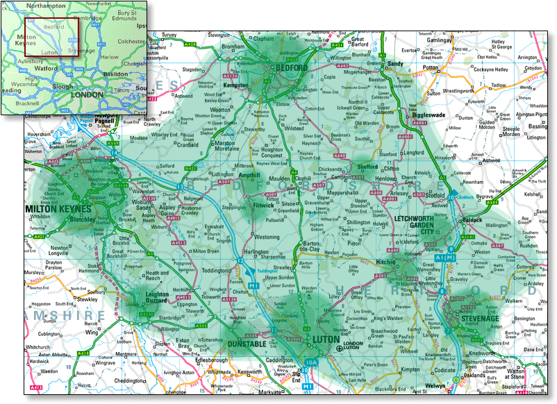 Coverage map for Bedford, Biggleswade, Letchworth, Stevenage, Luton and Milton Keynes